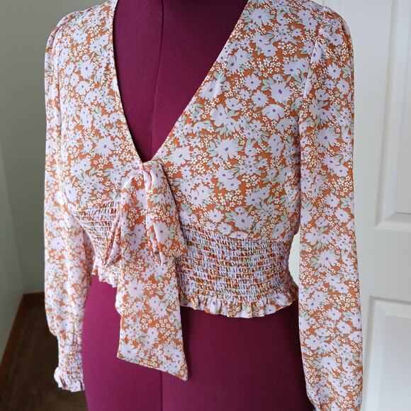 Forever 21 Sheer Floral Crop Top S orange purple festival smocked long sleeves - Picture 4 of 16